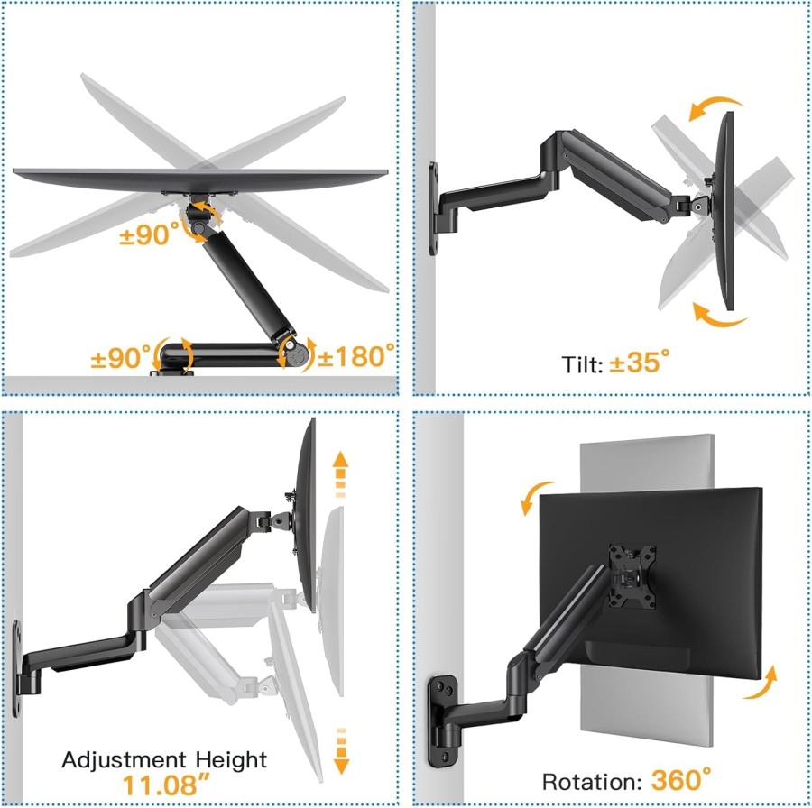 HUANUO Support Mural pour Moniteur (17–32 Pouces) avec Bras à Ressort à Gaz 360° (Construction en Aluminium Premium pour un Confort Ergonomique Durable et un Poste de Travail Rangé.)