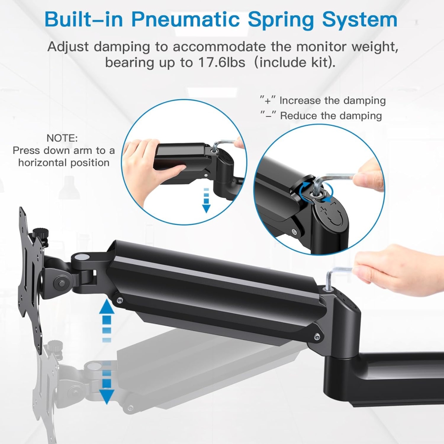HUANUO Support Mural pour Moniteur (17–32 Pouces) avec Bras à Ressort à Gaz 360° (Construction en Aluminium Premium pour un Confort Ergonomique Durable et un Poste de Travail Rangé.)