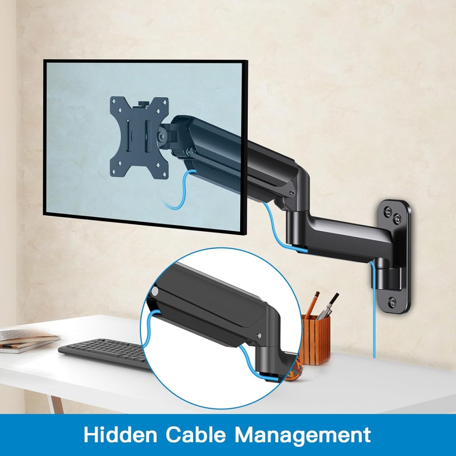 HUANUO Support Mural pour Moniteur (17–32 Pouces) avec Bras à Ressort à Gaz 360° (Construction en Aluminium Premium pour un Confort Ergonomique Durable et un Poste de Travail Rangé.)