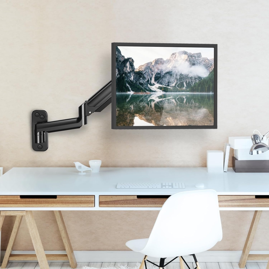 HUANUO Support Mural pour Moniteur (17–32 Pouces) avec Bras à Ressort à Gaz 360° (Construction en Aluminium Premium pour un Confort Ergonomique Durable et un Poste de Travail Rangé.)