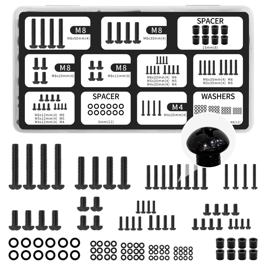 Kit de Vis TV Universel (120 Pièces) pour Supports Muraux & Pieds (Assortiment de vis VESA M4, M5, M6, M8 incluant entretoises & rondelles pour TV jusqu