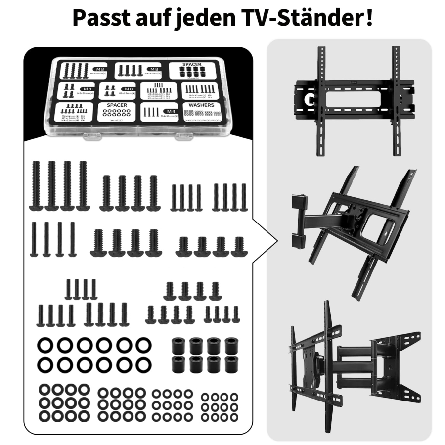 Kit de Vis TV Universel (120 Pièces) pour Supports Muraux & Pieds (Assortiment de vis VESA M4, M5, M6, M8 incluant entretoises & rondelles pour TV jusqu