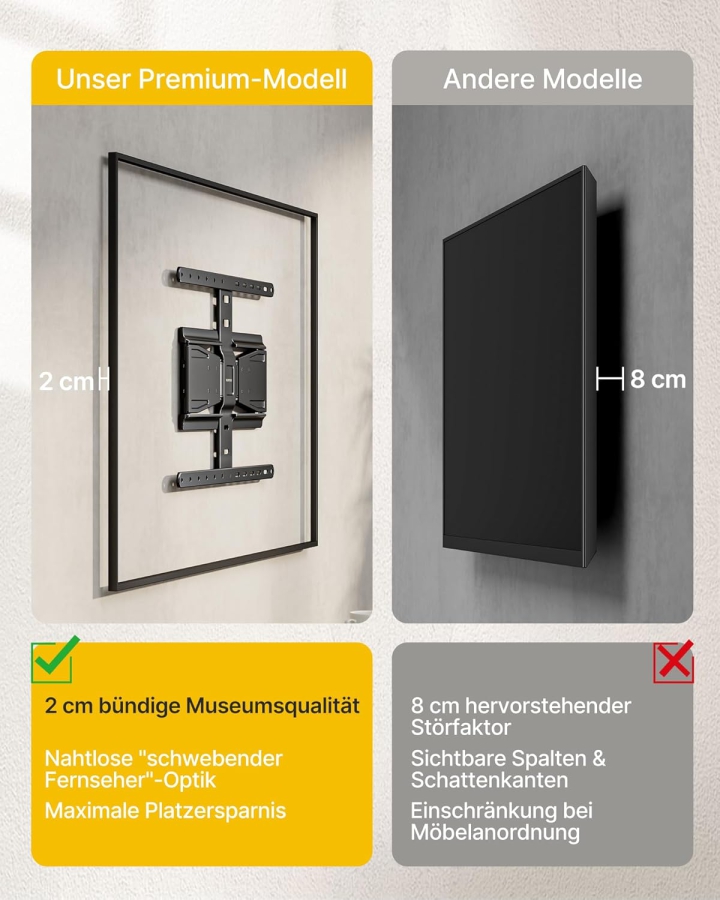 monTEK Support Mural TV Ultra Slim pour 43-90 Pouces (Seulement 2 cm du mur) (Design extrêmement plat (0,77") avec bras articulé Full-Motion – Charge 50 kg, VESA 600x400.)