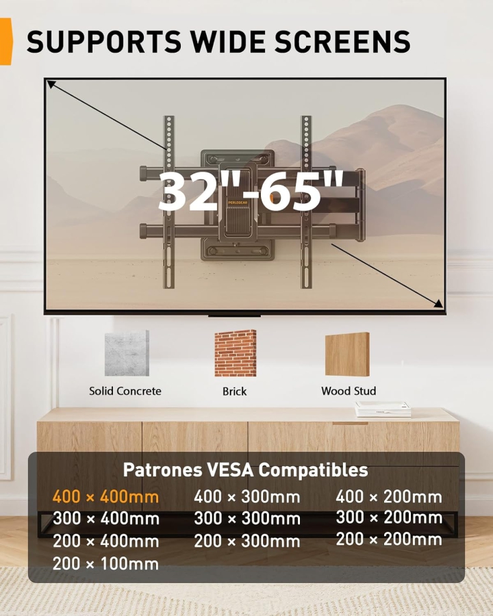 Perlegear Support Mural TV Extra Long Extension 70cm pour 32-65 Pouces (Max. 60 kg) (Support d