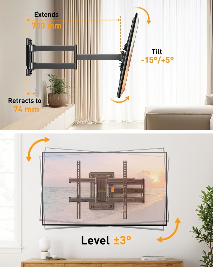 Perlegear Support Mural TV Extra Long Extension 70cm pour 32-65 Pouces (Max. 60 kg) (Support d
