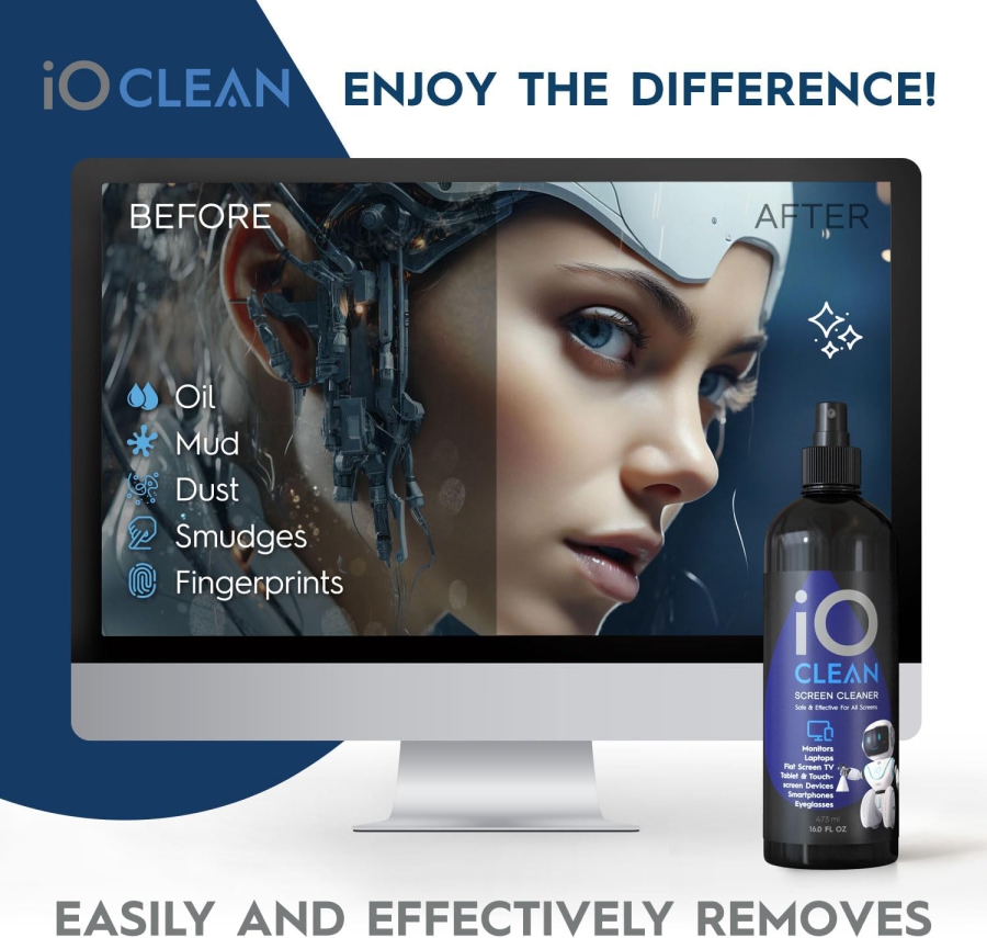 Premium Kit de Spray Nettoyant Écran (473ml) incl. Chiffon Microfibre (Entretien sans traces pour moniteurs LCD, OLED & VESA – Formule sans alcool pour votre configuration.)