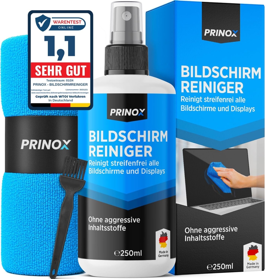 PRINOX Kit Nettoyant Écran 250ml avec Chiffon Microfibre & Pinceau (Made in Germany : Entretien sans traces pour écrans LCD, OLED & VESA – Élimine graisse & empreintes.)