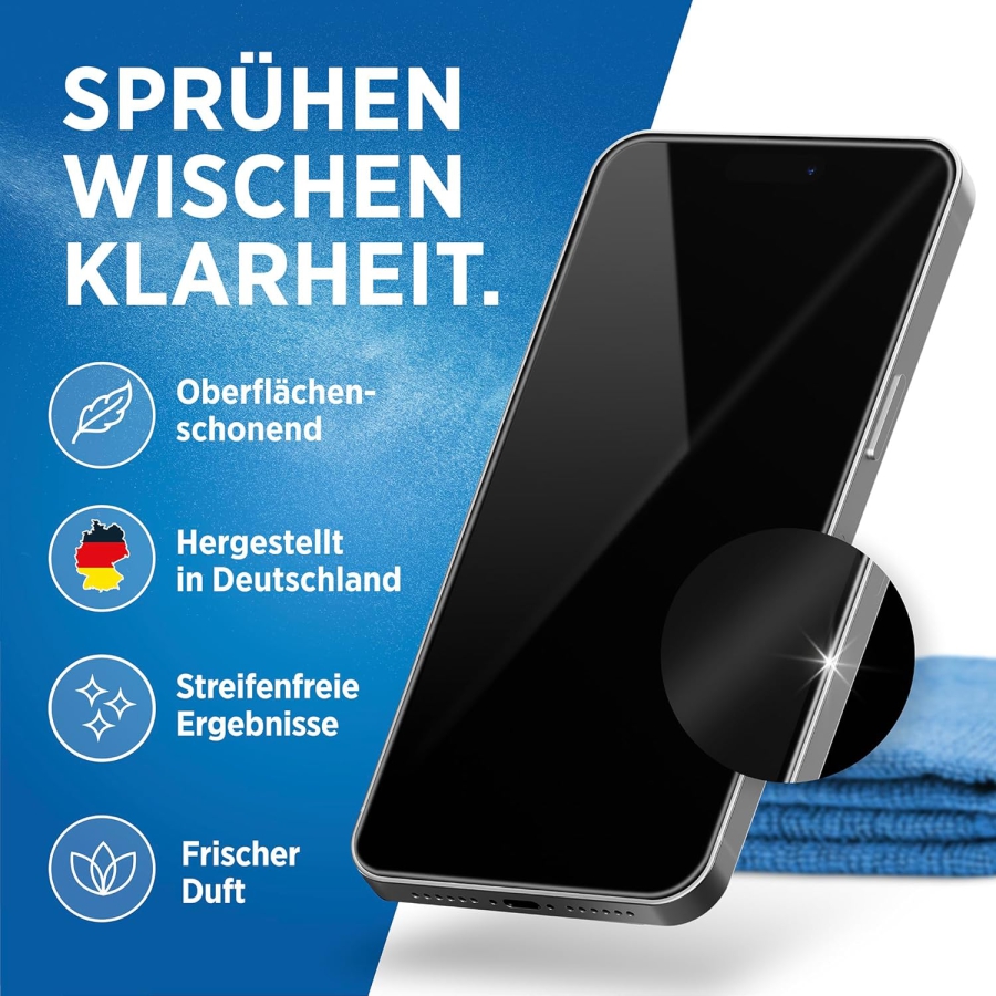 PRINOX Kit Nettoyant Écran 250ml avec Chiffon Microfibre & Pinceau (Made in Germany : Entretien sans traces pour écrans LCD, OLED & VESA – Élimine graisse & empreintes.)