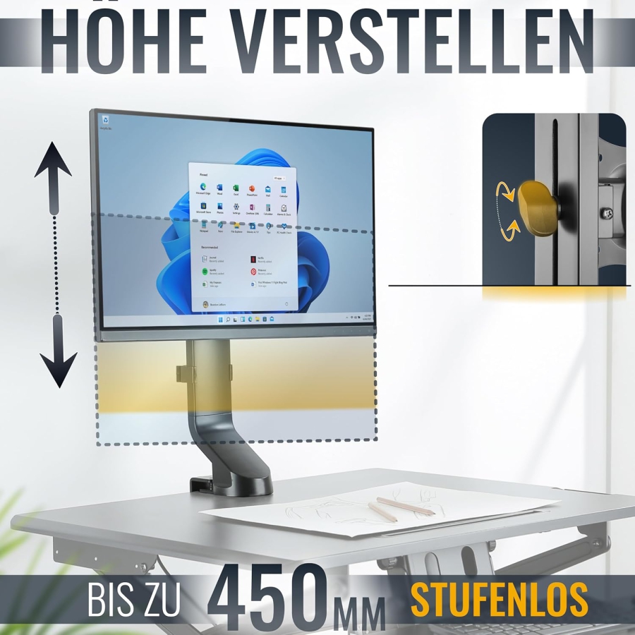 RICOO Bras de moniteur 13–32" | réglable en hauteur (Pied de Moniteur Robuste avec Pince de Table pour Écrans jusqu