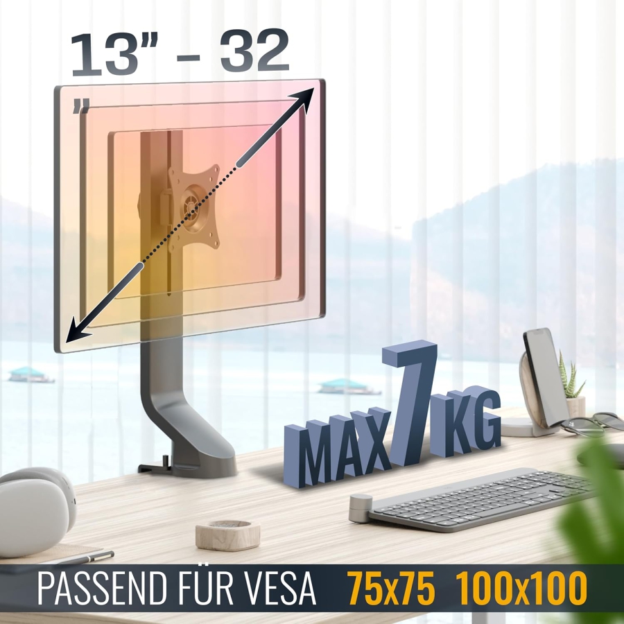 RICOO Bras de moniteur 13–32" | réglable en hauteur (Pied de Moniteur Robuste avec Pince de Table pour Écrans jusqu