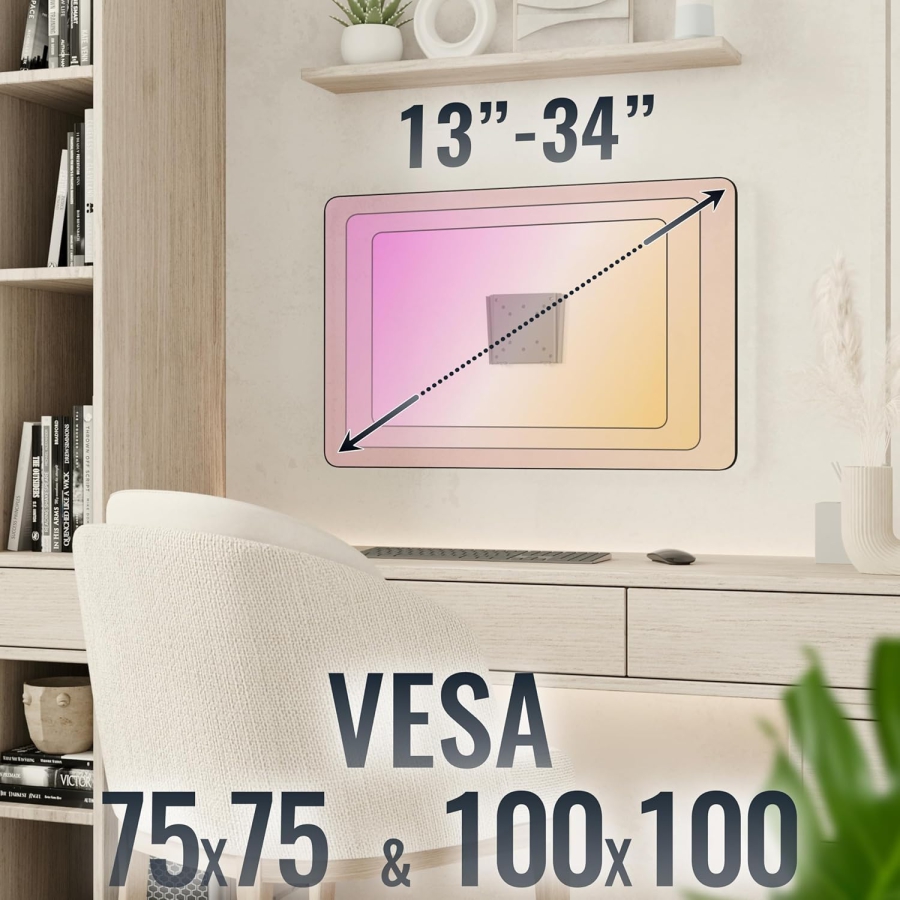 RICOO Monitorhalterung Murale F0311 pour 13-34 Pouces – Fixe & Slim (14mm), VESA 75/100, jusqu