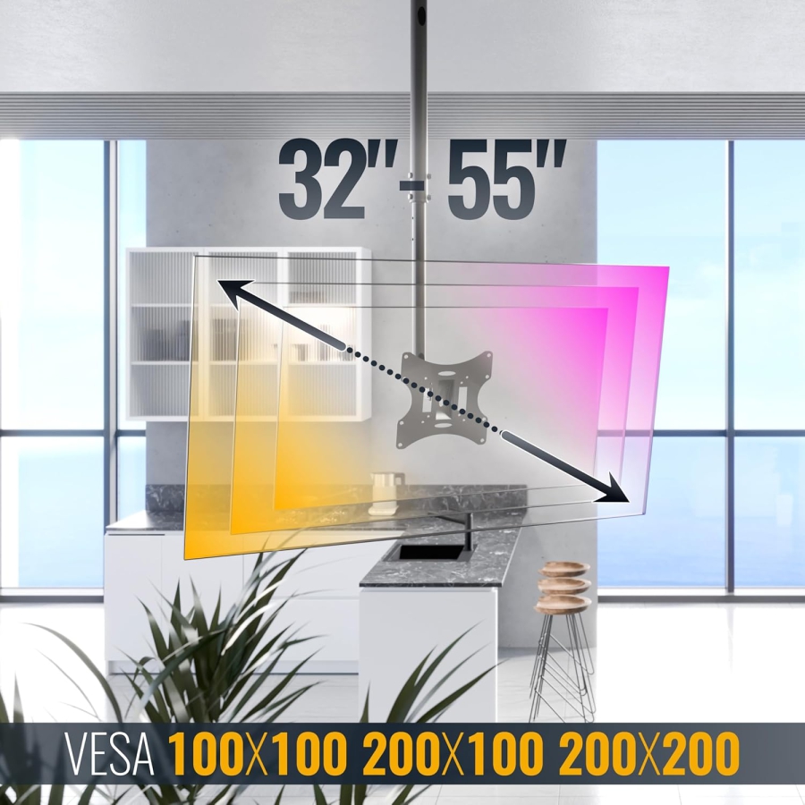 RICOO Support de Plafond pour Moniteur & TV (D0322) pour 32–55 Pouces (Support plafond flexible : Pivotant, Inclinable & Réglable en hauteur jusqu