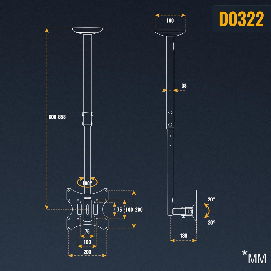 RICOO Support de Plafond pour Moniteur & TV (D0322) pour 32–55 Pouces (Support plafond flexible : Pivotant, Inclinable & Réglable en hauteur jusqu