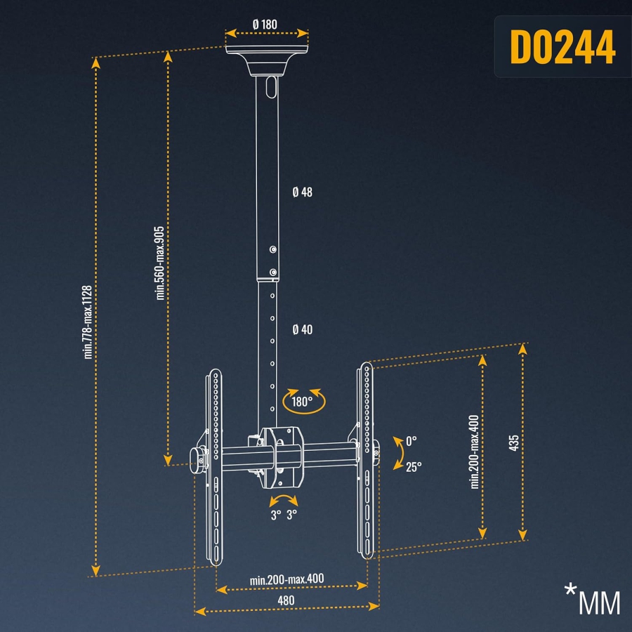 RICOO Support Plafond TV (D0244) pour Téléviseurs de 32 à 55 Pouces (Support de plafond robuste jusqu