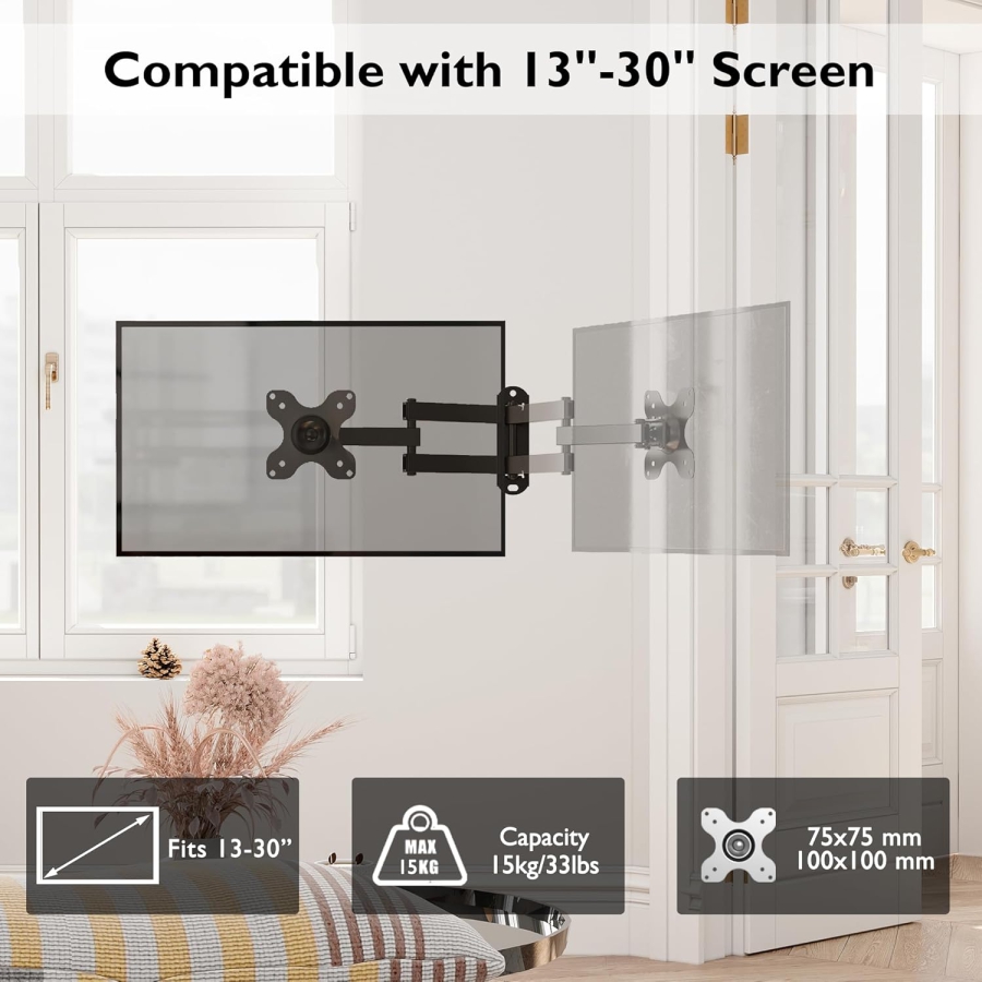 Support mural pour écran PC BONTEC Support mural pour téléviseur pivotant/inclinable pour écrans plasma incurvés et téléviseurs de 13 à 30 pouces, VESA 75x75/100x100 mm, jusqu