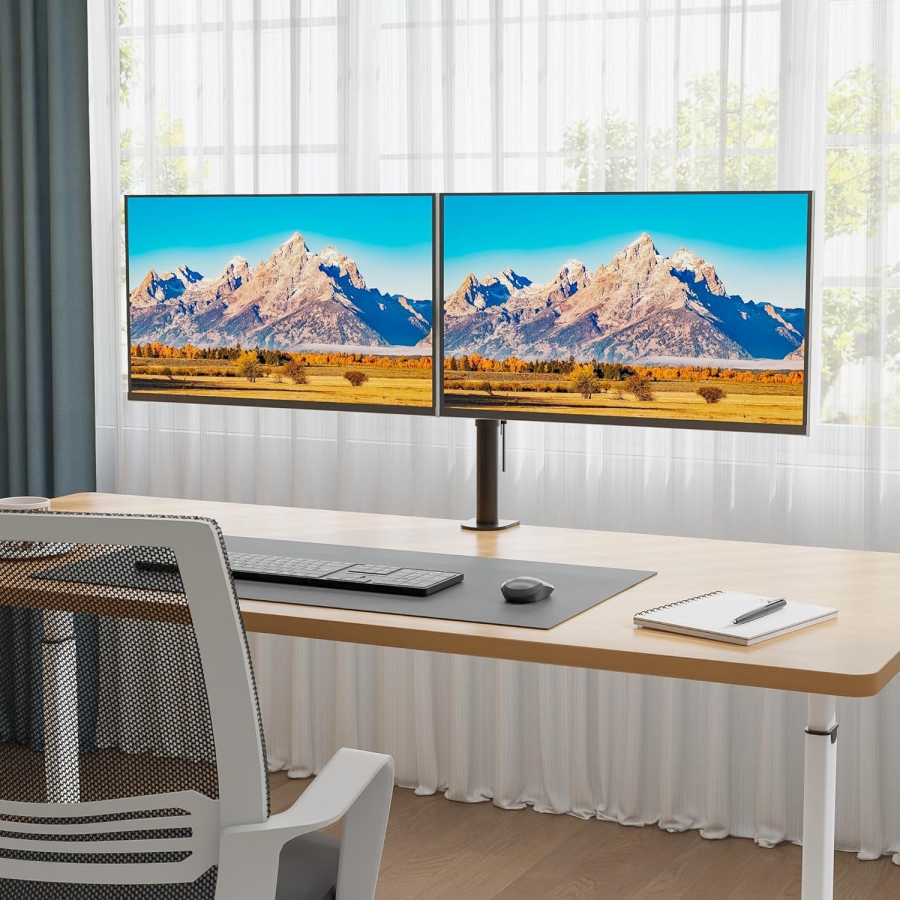 Support pour moniteur BONTEC 2 moniteurs pour écrans plats et incurvés de 13 à 27 pouces, support de table pour moniteur réglable en hauteur, inclinable, pivotant, rotatif, 10 kg par bras, VESA 75x75 / 100x100, noir