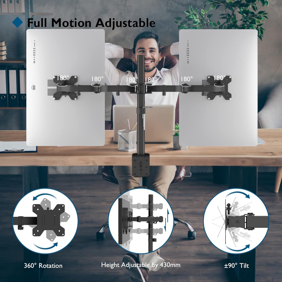 Support pour moniteur BONTEC 2 moniteurs pour écrans plats et incurvés de 13 à 27 pouces, support de table pour moniteur réglable en hauteur, inclinable, pivotant, rotatif, 10 kg par bras, VESA 75x75 / 100x100, noir