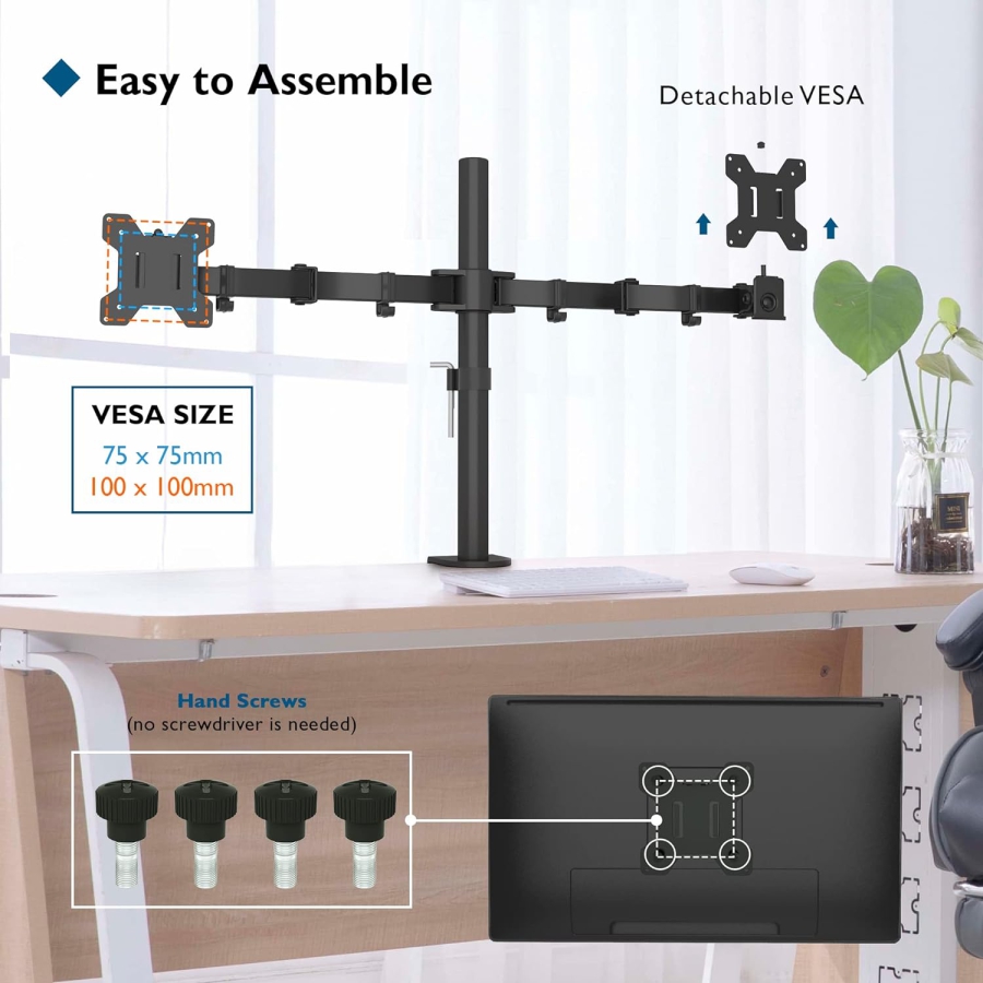 Support pour moniteur BONTEC 2 moniteurs pour écrans plats et incurvés de 13 à 27 pouces, support de table pour moniteur réglable en hauteur, inclinable, pivotant, rotatif, 10 kg par bras, VESA 75x75 / 100x100, noir