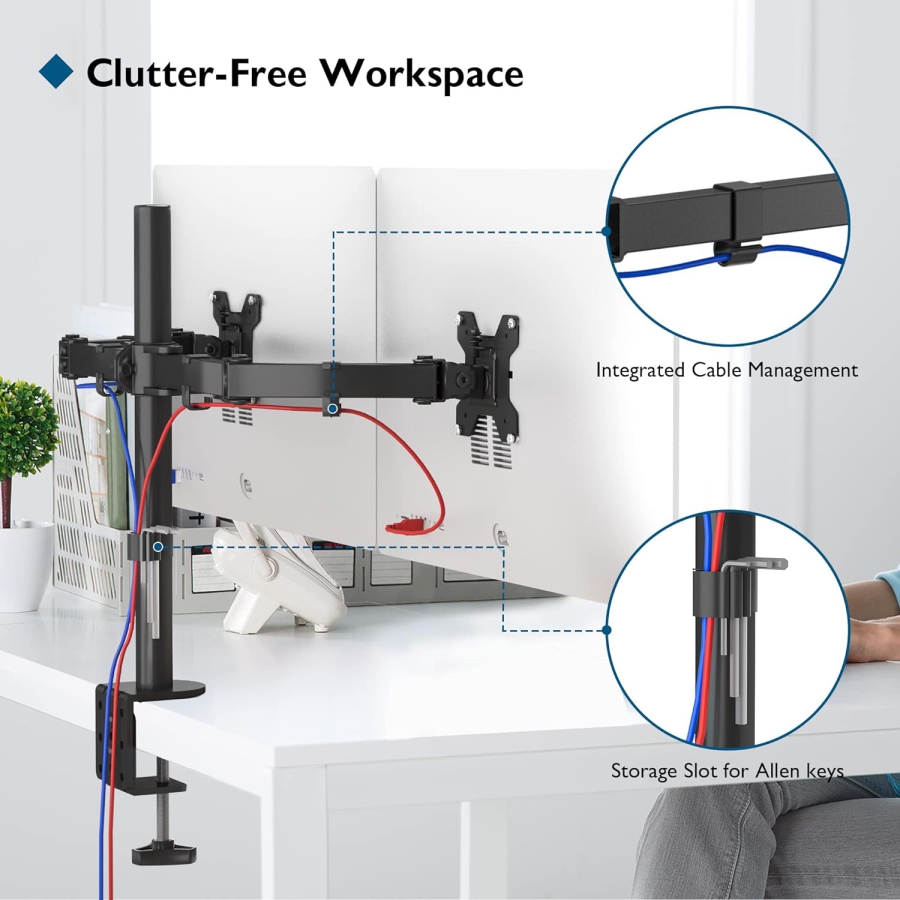 Support pour moniteur BONTEC 2 moniteurs pour écrans plats et incurvés de 13 à 27 pouces, support de table pour moniteur réglable en hauteur, inclinable, pivotant, rotatif, 10 kg par bras, VESA 75x75 / 100x100, noir