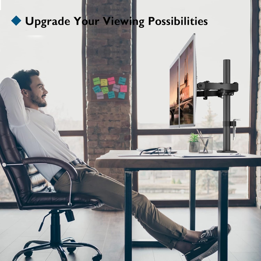 Support pour moniteur BONTEC 2 moniteurs pour écrans plats et incurvés de 13 à 27 pouces, support de table pour moniteur réglable en hauteur, inclinable, pivotant, rotatif, 10 kg par bras, VESA 75x75 / 100x100, noir
