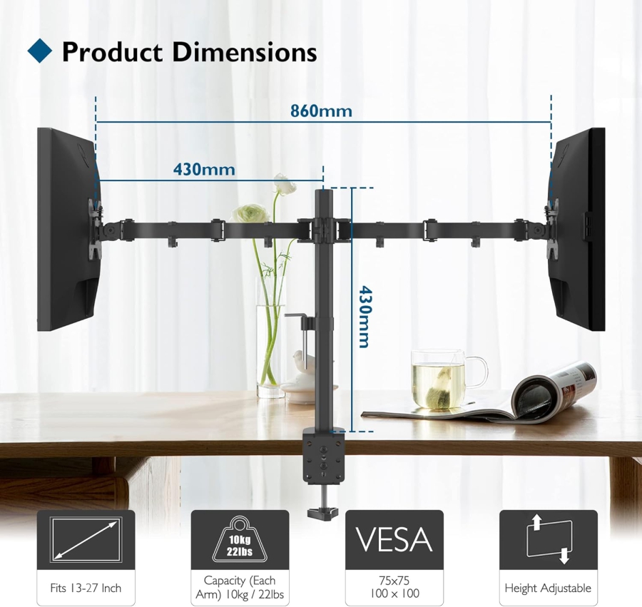 Support pour moniteur BONTEC 2 moniteurs pour écrans plats et incurvés de 13 à 27 pouces, support de table pour moniteur réglable en hauteur, inclinable, pivotant, rotatif, 10 kg par bras, VESA 75x75 / 100x100, noir