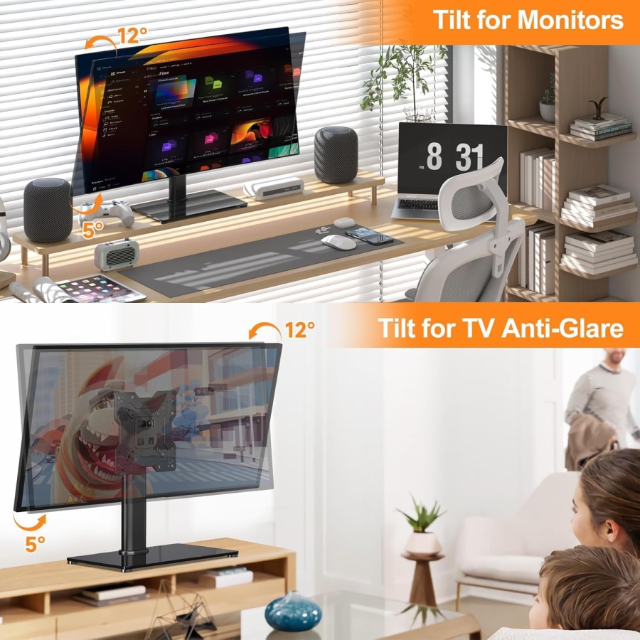Support TV & Moniteur Universel pour 17–43 Pouces (Inclinable & Réglable en Hauteur) (Pied de table élégant avec socle en verre de sécurité pour écrans jusqu