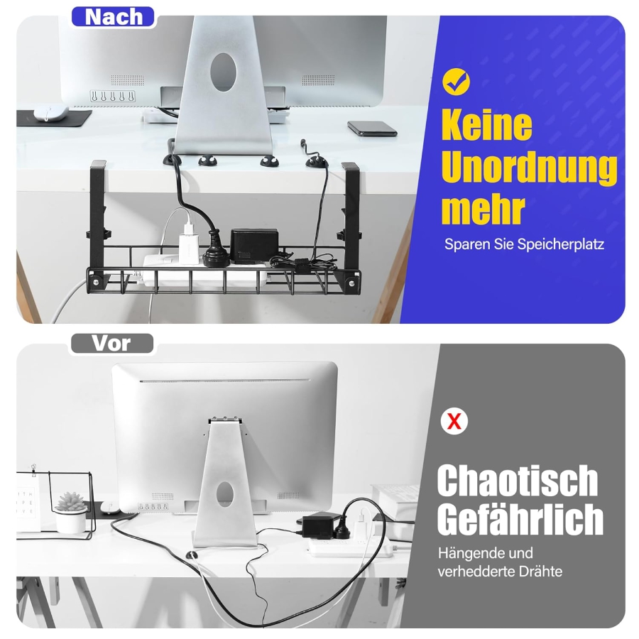 Xpatee Gestion de Câbles Sans Perçage – Chemin de Câbles à Pincer pour Bureau (Noir) (Gouttière en métal robuste (40 cm) avec pinces en C – Pas de vis nécessaires – Pour plateaux de 1 à 6 cm d