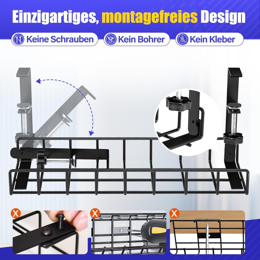 Xpatee Gestion de Câbles Sans Perçage – Chemin de Câbles à Pincer pour Bureau (Noir) (Gouttière en métal robuste (40 cm) avec pinces en C – Pas de vis nécessaires – Pour plateaux de 1 à 6 cm d