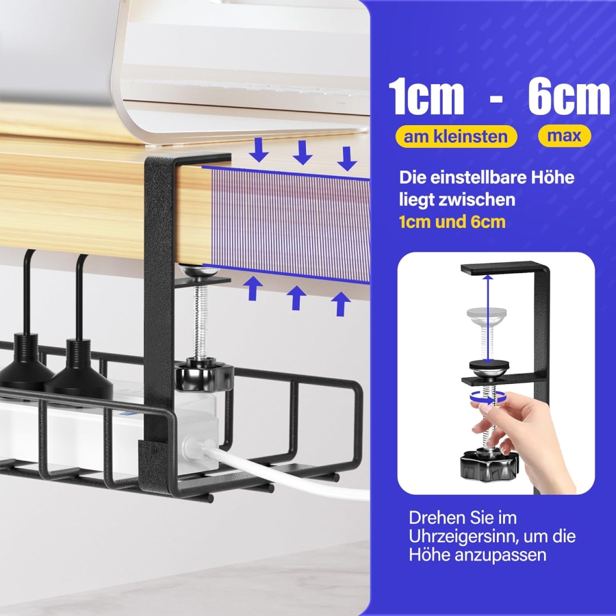 Xpatee Gestion de Câbles Sans Perçage – Chemin de Câbles à Pincer pour Bureau (Noir) (Gouttière en métal robuste (40 cm) avec pinces en C – Pas de vis nécessaires – Pour plateaux de 1 à 6 cm d