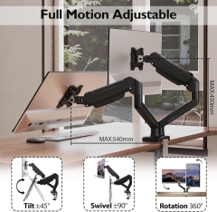 Support pour moniteur BONTEC 2 moniteurs pour écrans 13-32 pouces, bras ergonomique à vérin à gaz Supporte 3-9 kg avec gestion des câbles, inclinable, pivotant, rotatif, VESA 75/100 mm