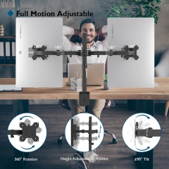 Support pour moniteur BONTEC 2 moniteurs pour écrans plats et incurvés de 13 à 27 pouces, support de table pour moniteur réglable en hauteur, inclinable, pivotant, rotatif, 10 kg par bras, VESA 75x75 / 100x100, noir