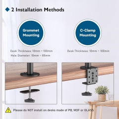 Support pour moniteur BONTEC 2 moniteurs pour écrans plats et incurvés de 13 à 27 pouces, support de table pour moniteur réglable en hauteur, inclinable, pivotant, rotatif, 10 kg par bras, VESA 75x75 / 100x100, noir