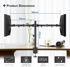 Support pour moniteur BONTEC 2 moniteurs pour écrans plats et incurvés de 13 à 27 pouces, support de table pour moniteur réglable en hauteur, inclinable, pivotant, rotatif, 10 kg par bras, VESA 75x75 / 100x100, noir